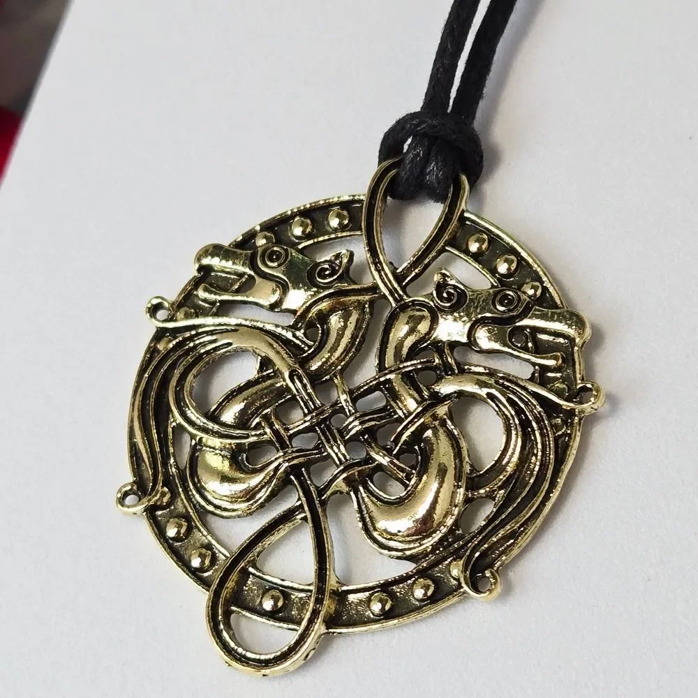 Gold Celtic Twin Wolf Necklace Viking Odin Pendant Rune Knot Adjustable Cord